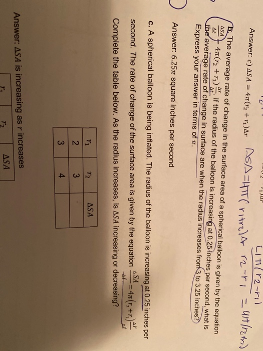 2 1/47 LIT/rz-rol Answer: C) ASA = 41(r2 + rîhar Ass=HTTC ritral Ar r-ri = 411rzt) b. The average rate of change in the surfa