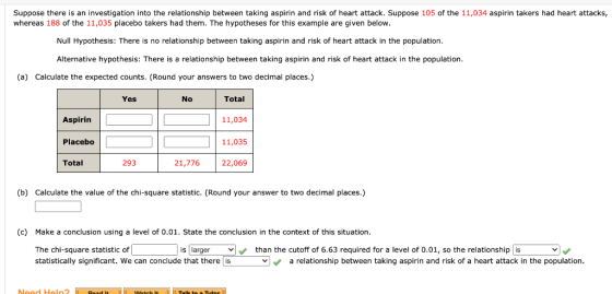 Suppose there is an investigation into the relationship between taking aspirin and risk of heart attack. Suppose 105 of the 1