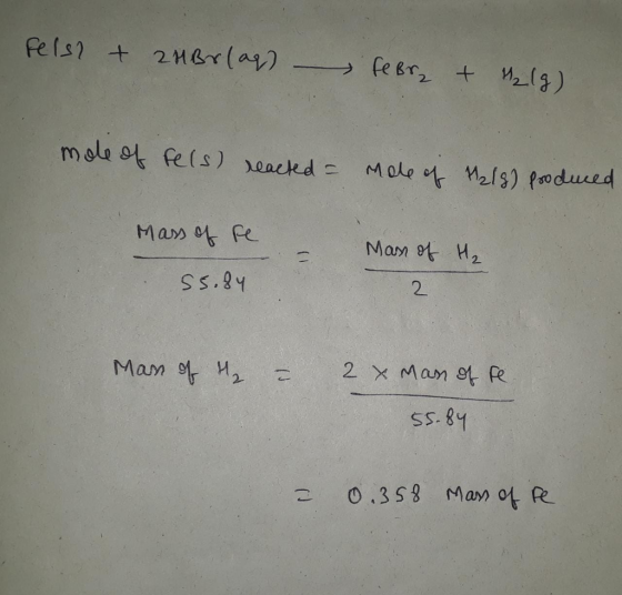Fels? + 2HBrlag) FeBr + H2(g) mole of fels) reacted - Male of M218) Produced Mass of se Man of H₂ 55.84 Man of H₂ = 2 x Man o