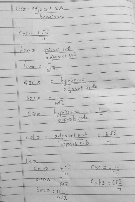 Cosco adjacent Side hypotinura Coso=652 21 Land opposite side tana adjacent side 금 7 Seco Secco = hypotenuse adjacent side