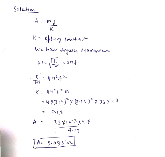 Solution A=m mg K K = spring constant We have Angular Momentum We ГЕ m - 2014 K - 4 H²f2 K: 47222 m = 4*3.14? x 12165)?x33 X1