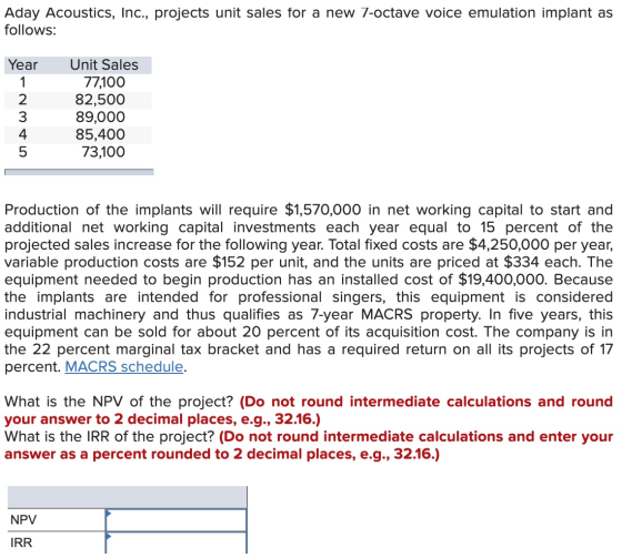 Aday Acoustics, Inc., projects unit sales for a new 7-octave voice emulation implant as follows: Year nmt Unit Sales 77,100 8
