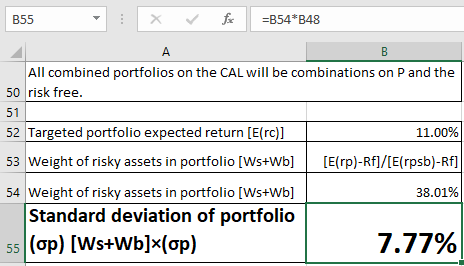 B55 All combined portfolios on the CAL will be combinations on P and the 50 risk free. 51 52 Targeted portfolio expected return [E(rc)] 11.00% 53 Weight of risky assets in portfolio [Ws+Wb] [E(rp)-Rfl/IE(rpsb)-Rf] 54 Weight of risky assets in portfolio [Ws+Wb] 38.01% Standard deviation of portfolio 55 (op) [Ws+Wb]x(ap)