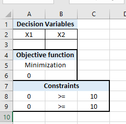 1 Decision Variables 2 X1X2 4 Objective function 5Ц Minimization C) Constraints x: x: C) 10 0 10 10
