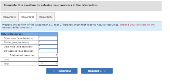 Complete this question by entering your answers in the tabs below Required A Required BRequired C Prepare the portion of the December 31, Year 2, balance sheet that reports natural resources. (Round your answers to the nearest dollar amount.) Natural Resources Silver mine (less depletion) Timber (less depletion) Gold mine (less depletion) Oil reserves (less depletion) Total natural resources Land Total < Required A RequiredC >