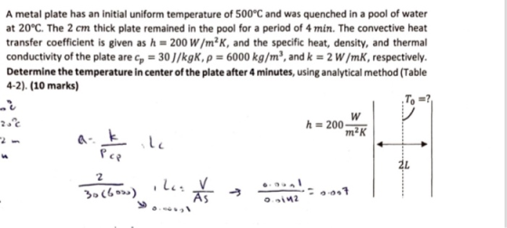 A metal plate has an initial uniform temperature of 500°C and was quenched in a pool of water at 20°C. The 2 cm thick plate r