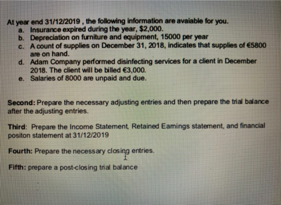 At year end 31/12/2019, the following information are avaiable for you. a. Insurance expired during the year, $2,000. b. Depr