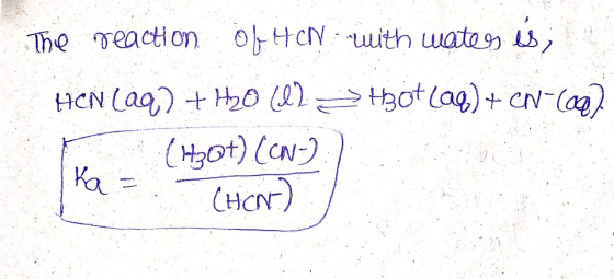 The reaction Of HCV with waters is; Hen (aq) + H2O (l) => thot (aq)+ew-(002 Ko - (1207) (CV) CHCR)