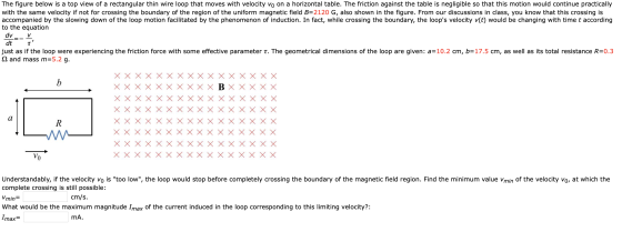 The figure below is a top view of a rectangular thin wire loop that moves with velocity vo on a horizontal table. The frictio