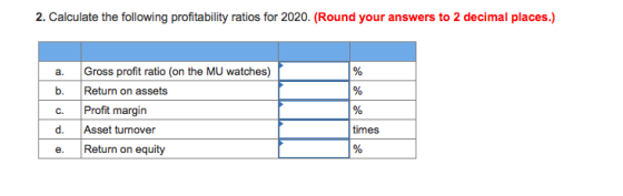 2. Calculate the following profitability ratios for 2020. (Round your answers to 2 decimal places.) a. Gross profit ratio (on the MU watches) b. Return on assets c. Pofit margin d. Asset turnover e. Return on equity times