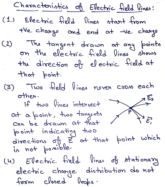 - Characteristics of Electric field lines: (1.) Electric field lines start from - the charge and end at ove charge (2) The ta