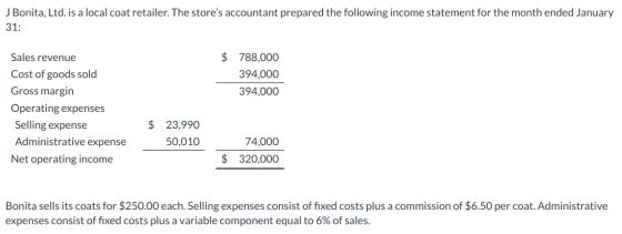 J Bonita, Ltd. is a local coat retailer. The stores accountant prepared the following income statement for the month ended J