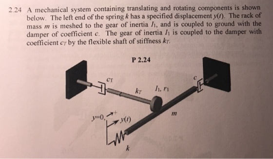2.24 A mechanical system containing translating and rotating components is shown below. The left end of the spring k has a specified displacement y(). The rack of mass m is meshed to the gear of inertia , and is coupled to ground with the damper of coefficient c. The gear of inertia I is coupled to the damper with coefficient cr by the flexible shaft of stiffness k P 2.24 CT kr , ri y-0,レブ)(1)
