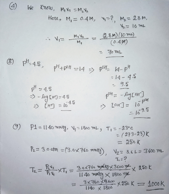 We Know, M MN tHere, M, 0.4 M, ?, M2 28 M, 216 mL M2 V2 (0.4M) To TML p-4.5 pH+pot14 14- pt 14-4.5 .5 p4.5 og CH45 CHtla 45 1