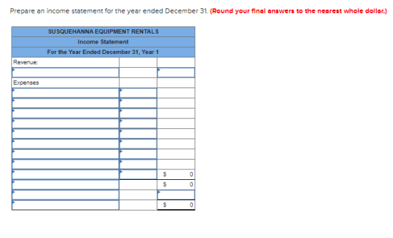 Prepare an income statement for the year ended December 31. (Round your final answers to the nearest whole dollar.) SUSQUEHAN