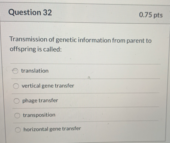 Question 32 0.75 pts Transmission of genetic information from parent to offspring is called: translation Overtical gene trans