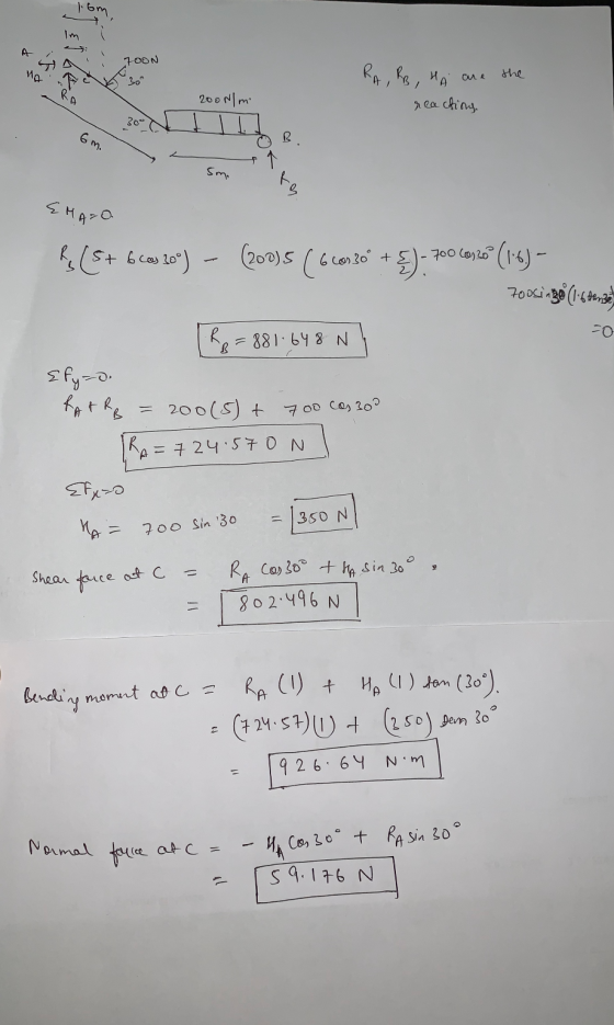 lom 700N 3. RA, RB, H cue the 200 N/m reactions 300 6 m. B Sm. g EMASO ļ (5+ 6 cas 10) (200)5 (6c0930 + 3)-700 (33 700 coy