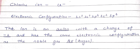 Chlorine ion - ce- Electronic configuration - 1.52 252 2p6 352 3po The ion is an anion with a charge of - 1 and has the same