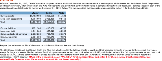 Exercise 2-8 Effective December 31, 2013, Zintel Corporation proposes to issue additional shares of its common stock in excha