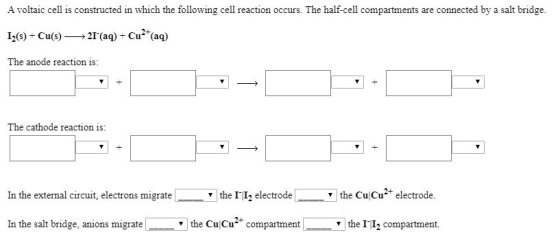 A voltaic cell is constructed in which the following cell reaction occurs. The half-cell compartments are connected by a salt