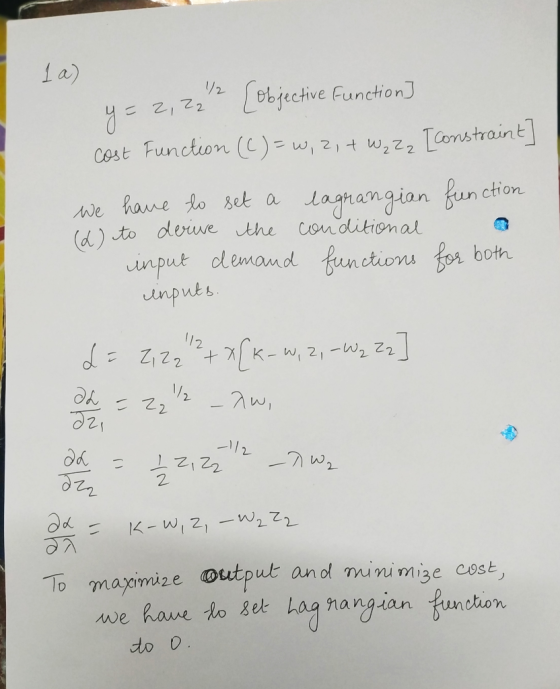 1a) 1/2 y = 2, 22 Objective function] cost Function (C) = w, 2, + W₂ Zz [Constraint] we have to set a (6) to derive the input