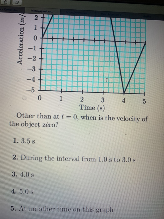 -Qust La http://quest.cn. -3 -4 -5 1 2 3 Time (s) Other than at t 0, when is the velocity of 4 5 the object zero? 1. 3.5s 2.