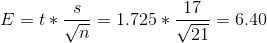 E=t*\frac{s}{\sqrt{n}}=1.725*\frac{17}{\sqrt{21}}=6.40