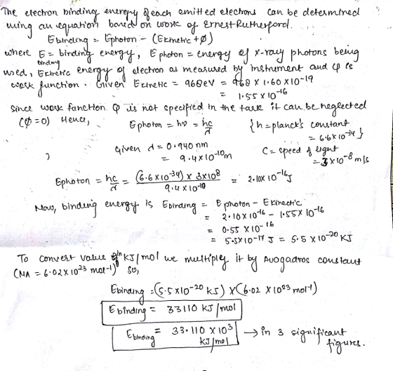 The elechon hỉndinę. euryny each emitted elechon can be deter nume。 vit ciu cht peYy Photons bewg bincl» h -planc cotant -1L Novo, binduu 0.55 X 10 bindin 33110 kJ/mol blndin