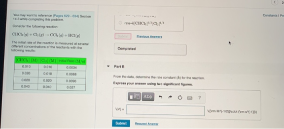 2 Constanta pe ratek(CHC1,] Ch] You may want to reference (Pages 629.634) Section 14.3 while completing this problem. Conside