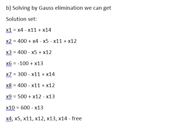 b) Solving by Gauss elimination we can get Solution set: X1 x4- X11 + x14 X2 400+ x4- x5 -x11 + x12 x3 = 400-x5 + x12 x6-100