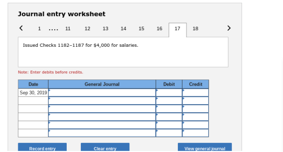 Journal entry worksheet 1 11 1213 14 15 16 1718 Issued Checks 1182-1187 for $4,000 for salaries. Note: Enter debits before credits. Date General Journal Debit Credit Sep 30, 2019 Record entr Clear entr