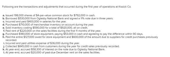 Following are the transactions and adjustments that occurred during the first year of operations at Kissick Co. y car. a. Iss