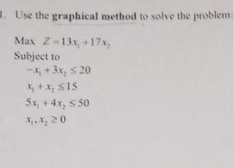 . Use the graphical method to solve the problem Max Z 13x,+17x Subject to +3x, 20 Sx,+4x, S50 x, 20