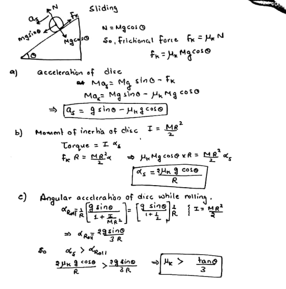 Sliding as IN mgsino How N = Mg cos - Mgcolso So, frictional force fx = Men - fx = Mx Mgcoso a) acceleration of dice et Mą= M
