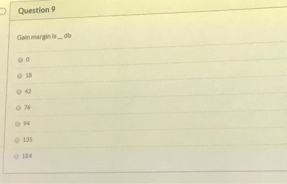 Question 9 Gain margin is_db 18 42 76 94 135 184