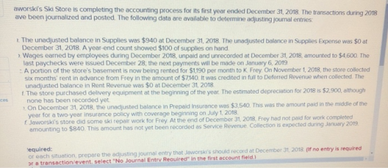 aworskis Ski Store is completing the accounting process for its first year ended December 31, 2018. The transactions during