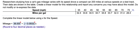 Researchers studying how a cars gas mileage varies with its speed drove a compact car 200 miles at various speeds on a test