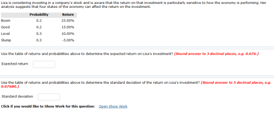 Lisa is considering investing in a companys stock and is aware that the return on that investment is particularly sensitive