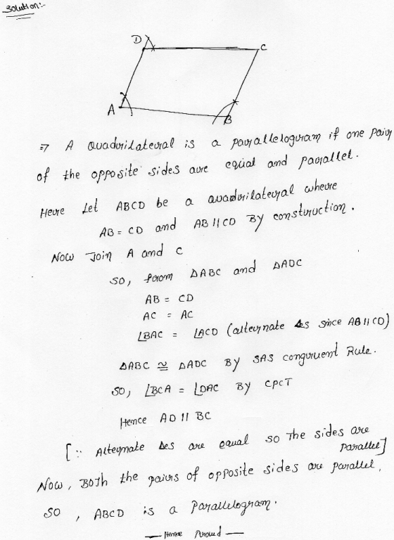 of the oppositeides aue egial and pasrottel Ав: co and AB lico By construc tion Now Join A and c so, Prom AA Bc and AADC ABCD