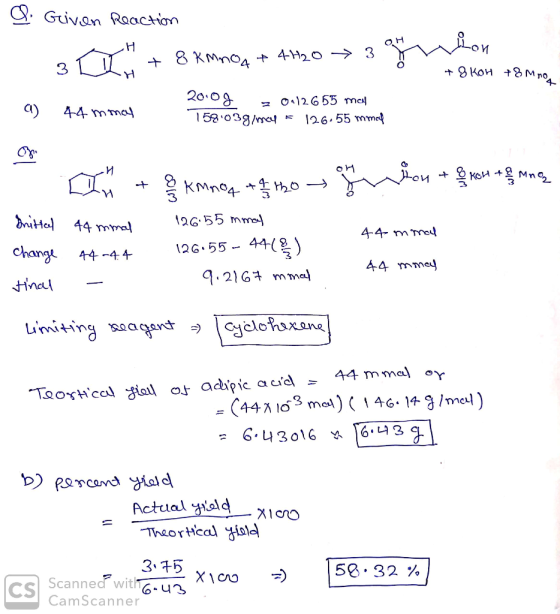 Qi Guiven Reaction 3D + 8 KMnO4 + 4H20 →3 ion + 8 KOH + 8 mm 9) 44 mmcy 20-126 55 may 15803g/mcy = 126.55 mmal om hon + 0 xGH