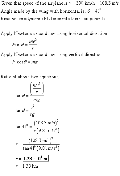 Given that speed of the airplane is v 390 km/h 108.3 m/s Angle made by the wing with horizontal is, θ=41 Resolve aer odynamic