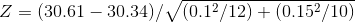 Z = (30.61 – 30.34)/ (0.12/12) + (0.152/10)
