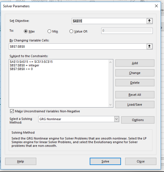 Gevuldpriy- Solver Parameters Set Objective: SA$11 To: Max Min value of: By Changing Variable Cells: $B$7:$B$8 Subject to the