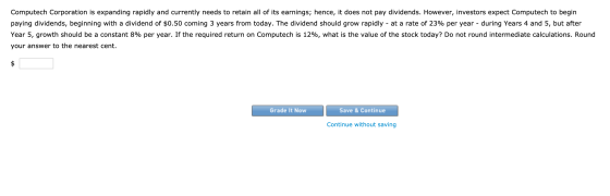 Computech Corporation is expanding rapidly and currently needs to retain all of its earnings; hence, it does not pay dividend