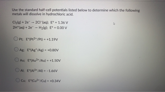 Use the standard half-cell potentials listed below to determine which the following metals will dissolve in hydrochloric acid