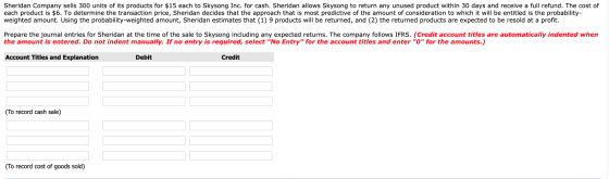 Sheridan Company sells 300 units of its products for $15 each to Skysong Inc. for cash. Sheridan allows Skysong to return any