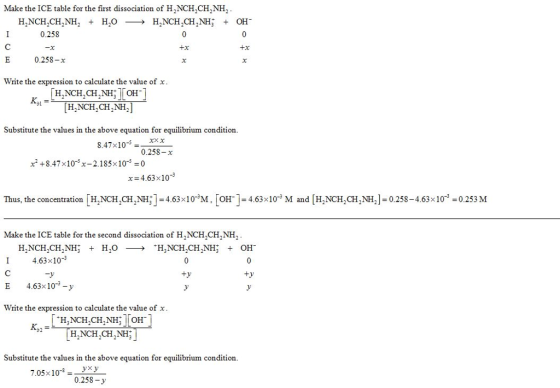 Make the ICE table for the first dissociation of H,NCH,CH,NH 0.258 +X 0.258-x Write the expression to calculate the value of