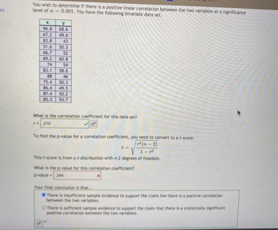 You wish to determine if there is a positive linear correlation between the two variables at a significance level of a 0.001.