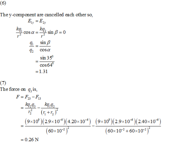 The y-component are cancelled each other so, kq 7 -sin β 2 cosa sin 350 COS64 1.31 The force on q is, (9x1Ợ )(29s 10)(4.20 x 10) 60x102 ( 9810y)( 2.9%10° )(2.40x10 ) 60x10-2 + 60x102 = 0.26 N