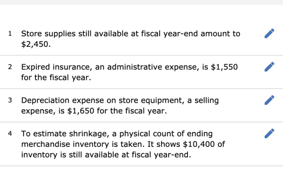1 Store supplies still available at fiscal year-end amount to $2,450. 2 Expired insurance, an administrative expense, is $1,5